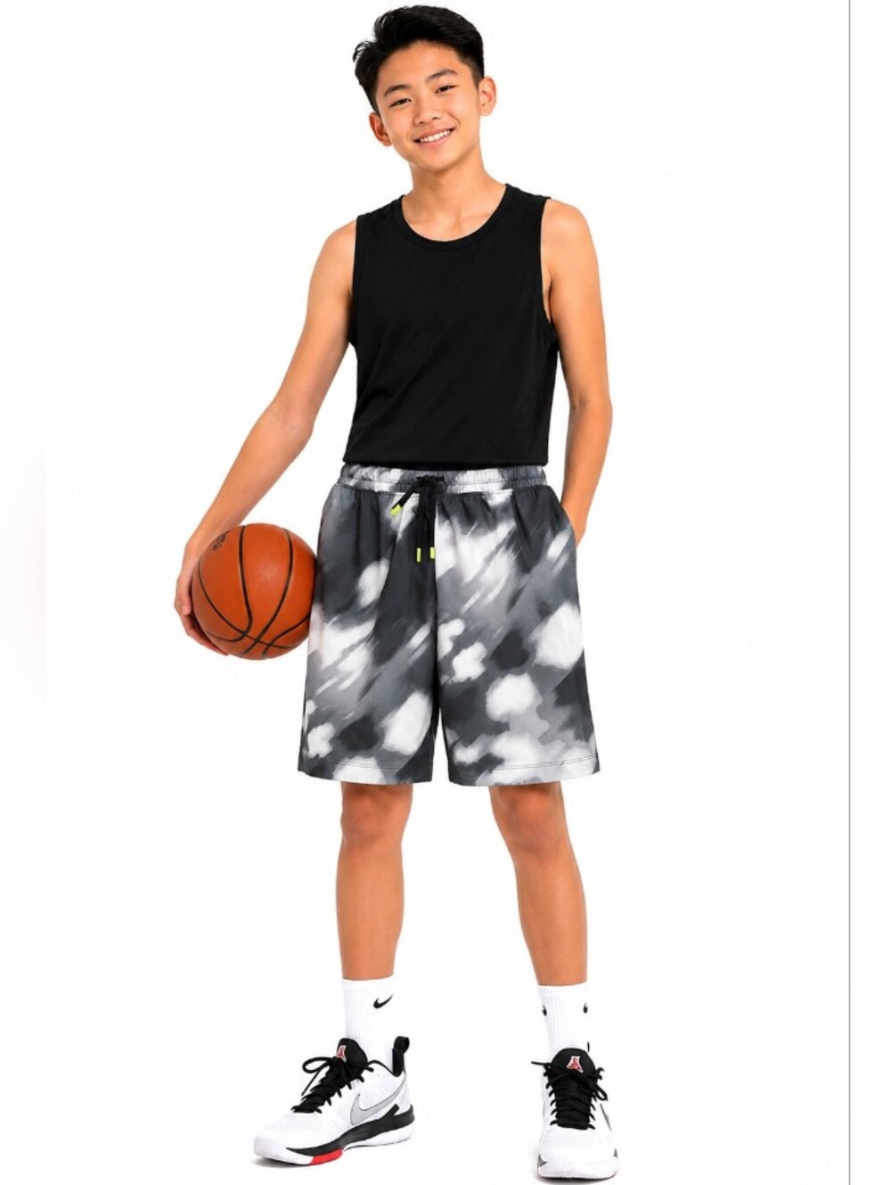 ATHLETIC WORKS Black & Gray Tie-Dye Boys Basketball Shorts SIZE 18 XXL NWT